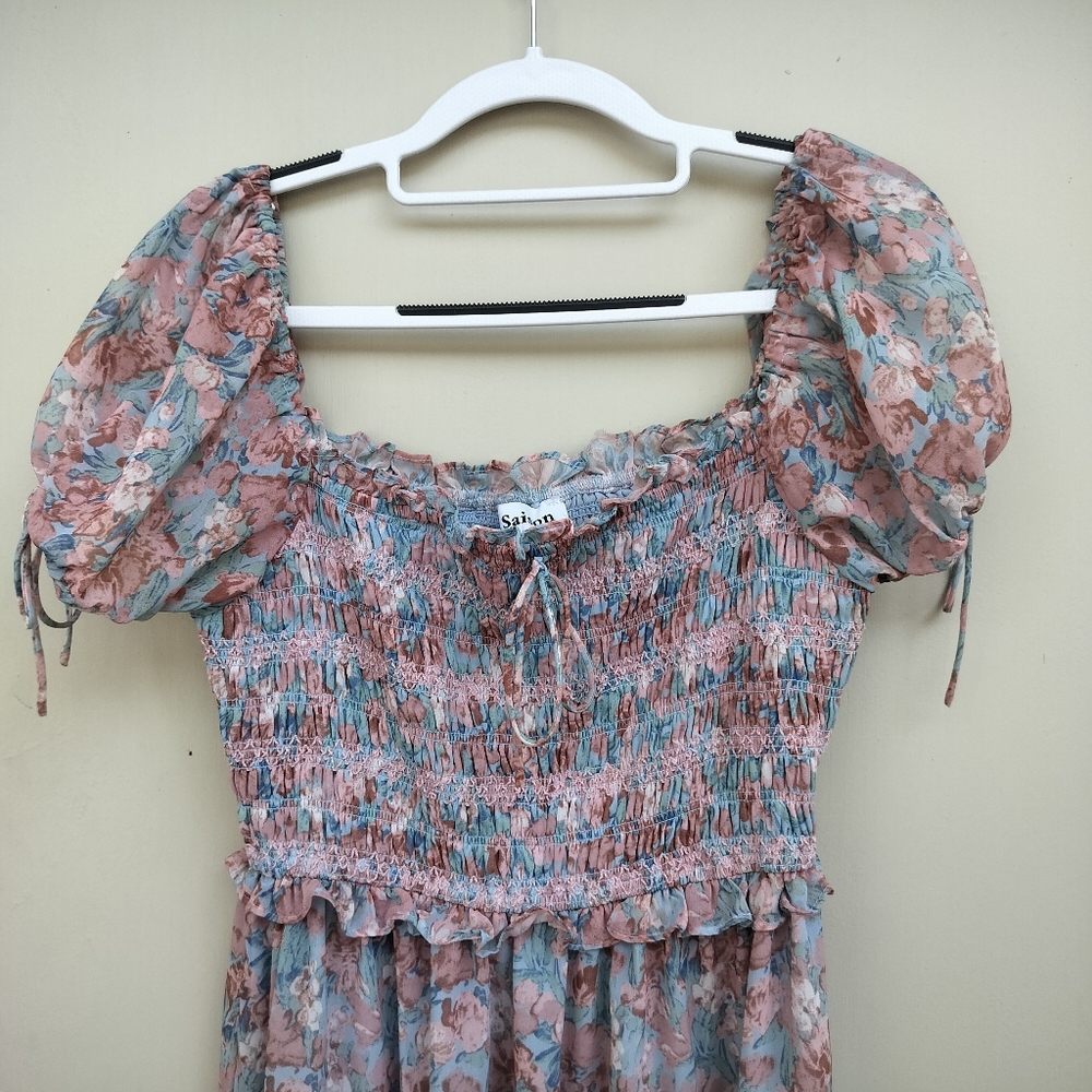 En Saison‎ Short Sleeve Smocked Floral Blue and Pink Floral Midi Dress Peasant - Picture 7 of 12